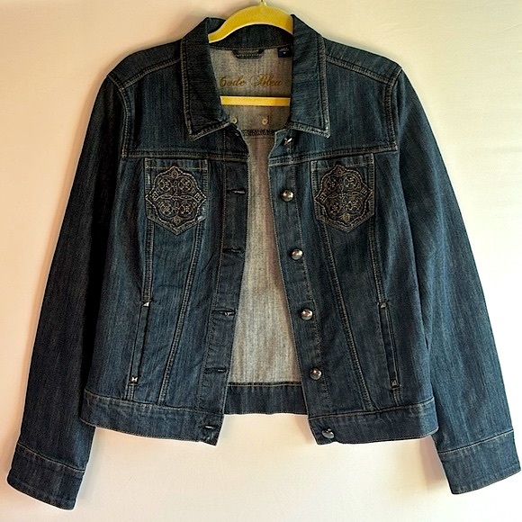 Code Bleu Women’s Med Embroidered Dark Wash Denim Button-Up Jean Jacket - Picture 3 of 14